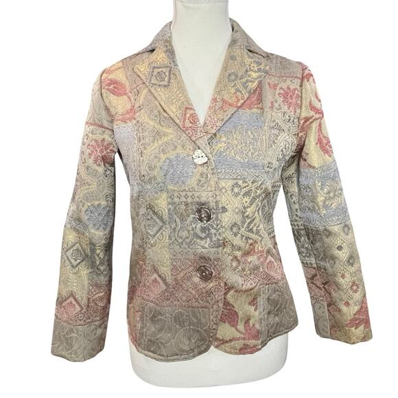 ERIN LONDON Women's Tapestry Jacket Blazer Gold Pink Blue Button PS Petite Small - Picture 1 of 7
